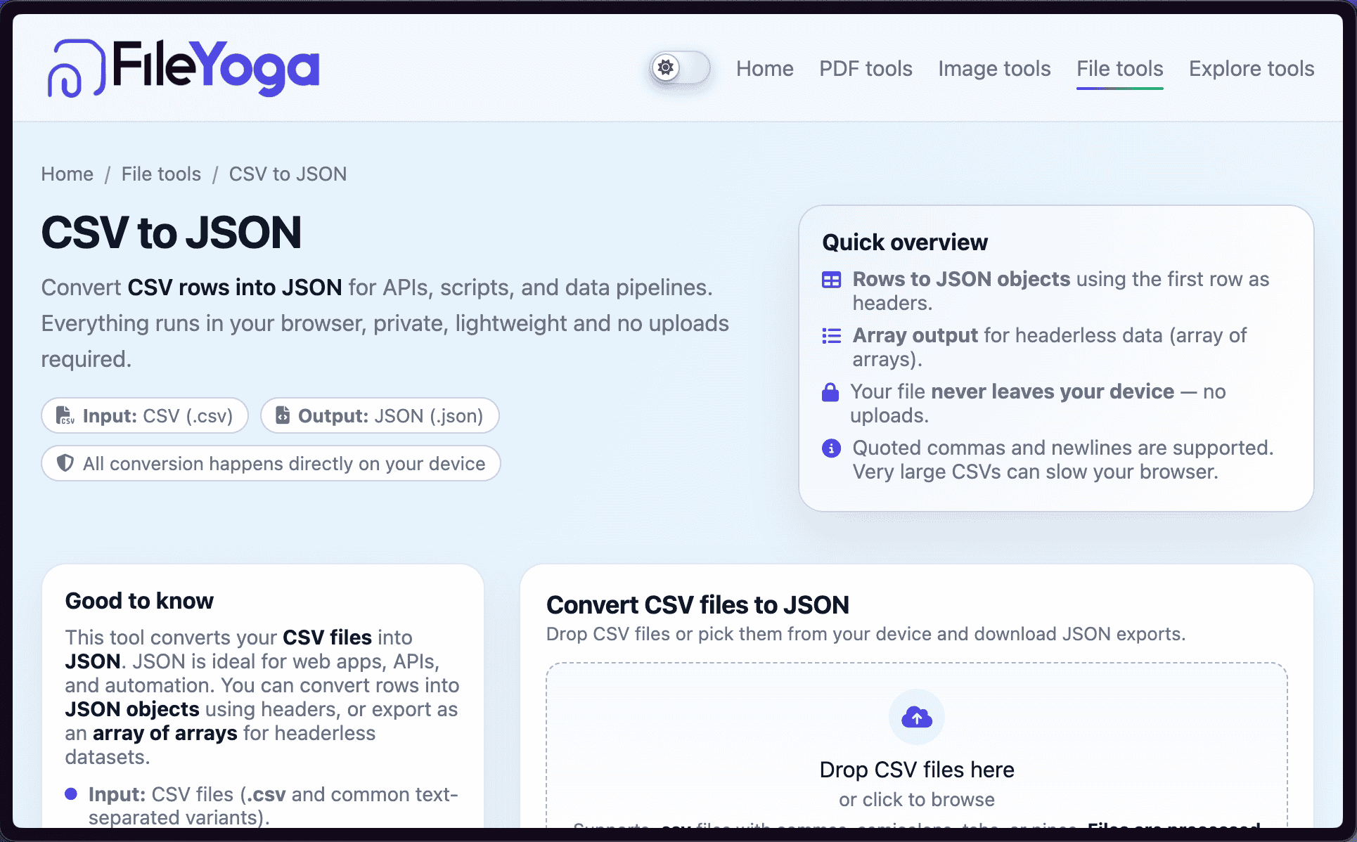 CSV to JSON Converter — convert CSV rows into JSON objects | FileYoga