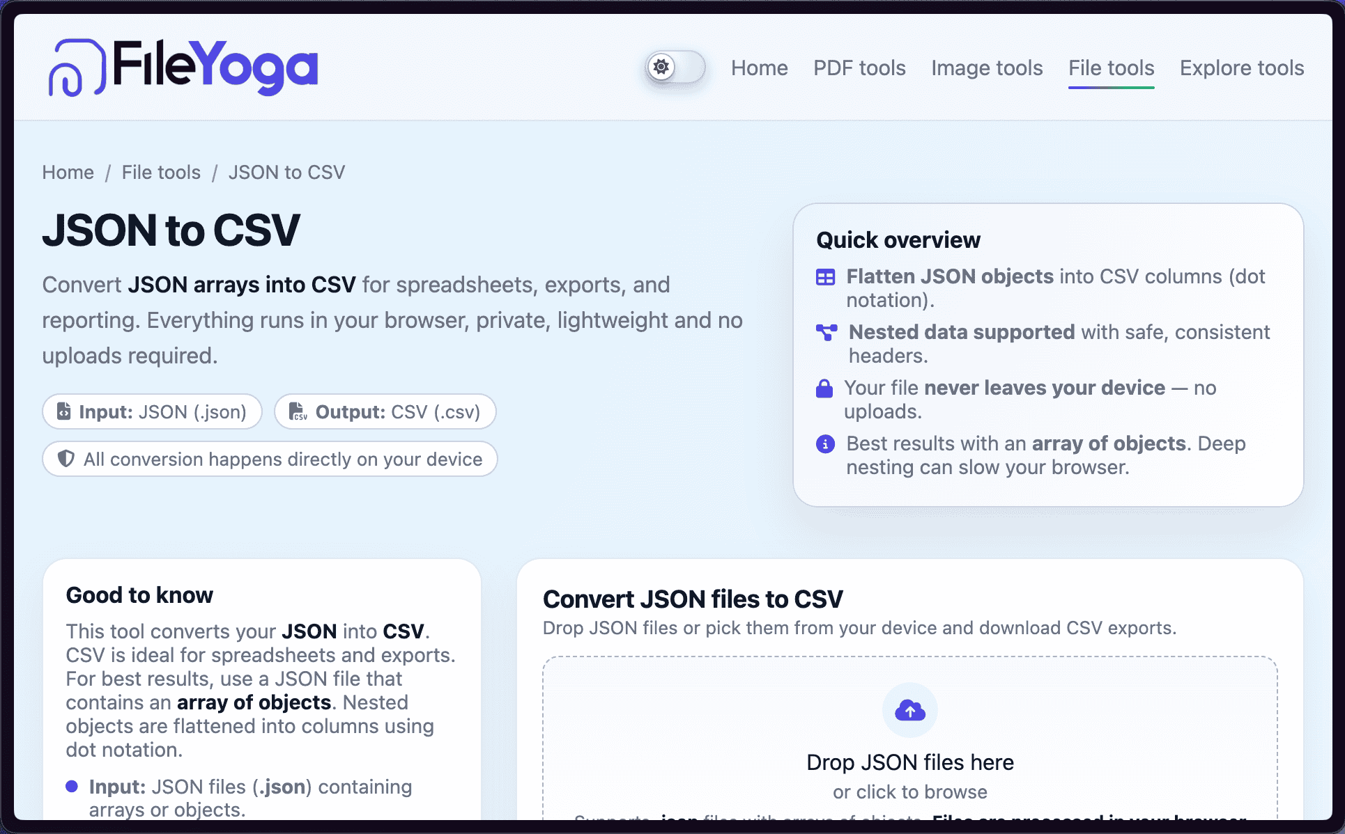 JSON to CSV Converter — flatten JSON arrays into CSV columns | FileYoga