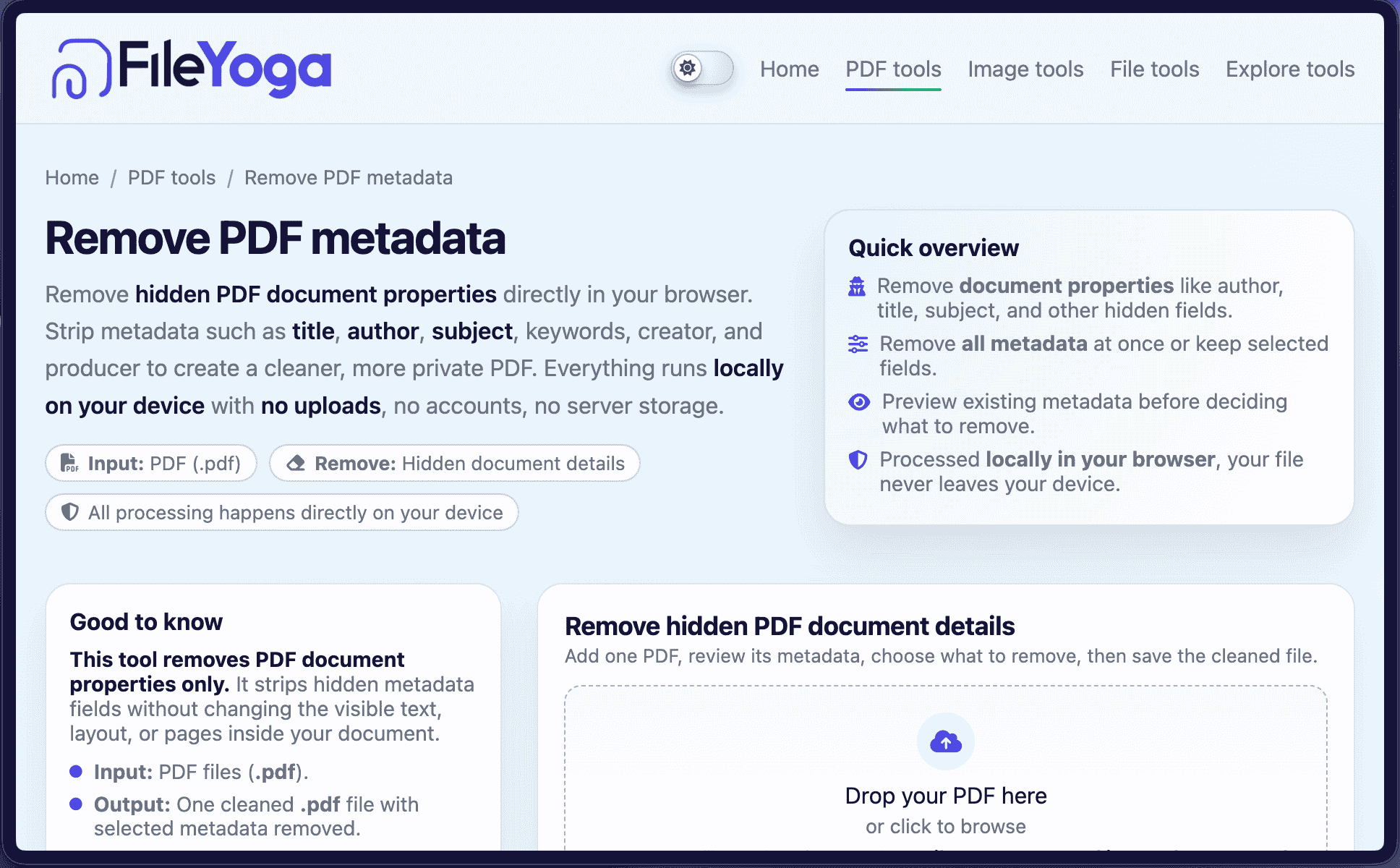 Remove PDF metadata — strip hidden document details | FileYoga